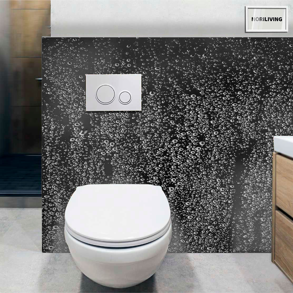 im WC eingebaute Toilettenrückwand mit Motiv Wassertropfen auf Fensterglas 959 schwarz-weiß