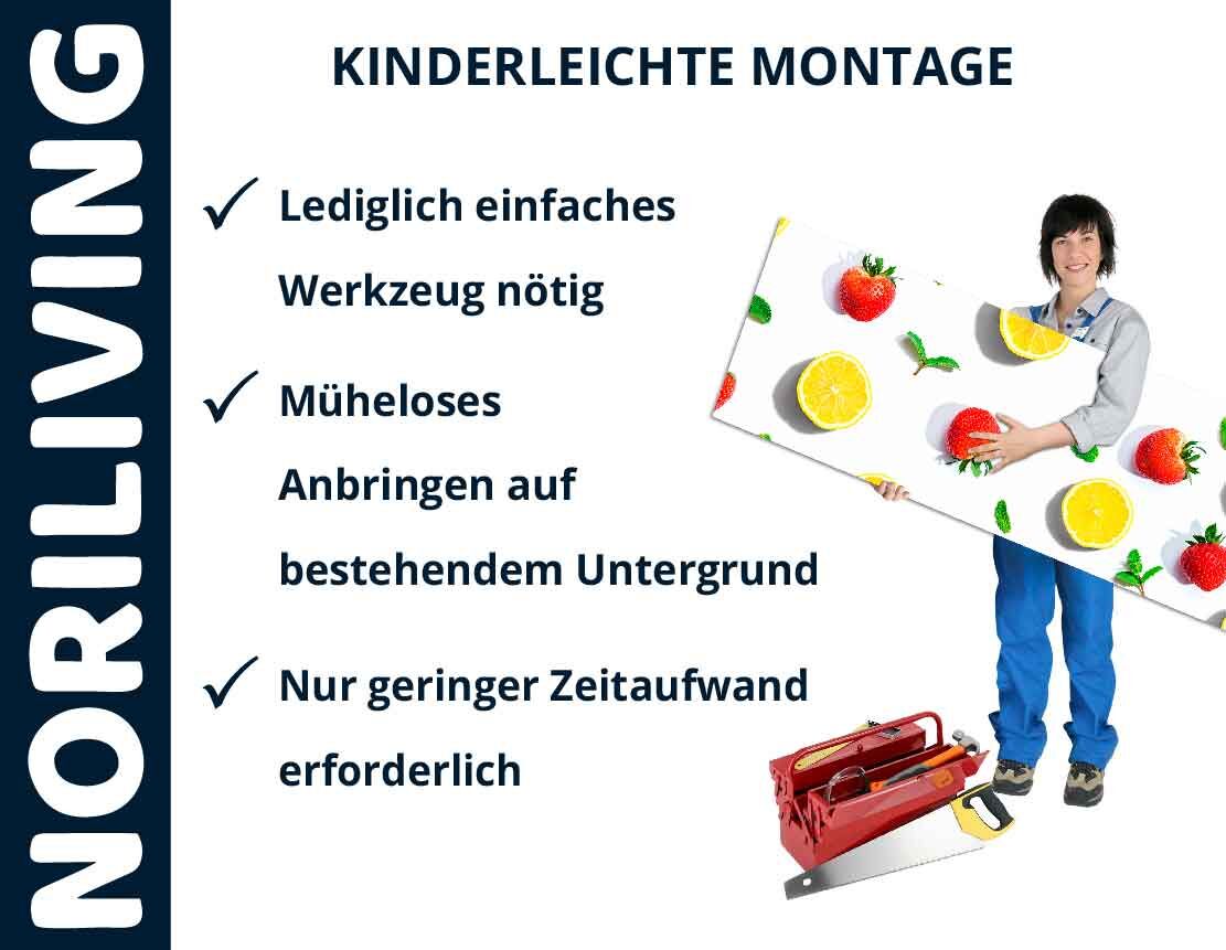 Frau hält bunte Wandpaneele mit Früchtemotiv, daneben Hinweise zur einfachen Montage mit minimalem Zeitaufwand.