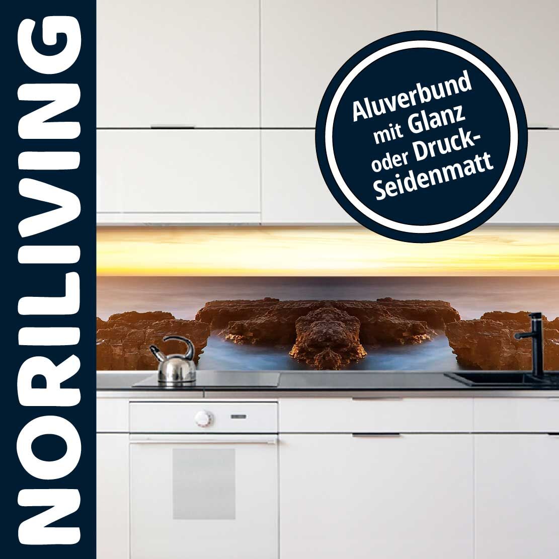 Moderne Küche mit Aluverbund-Rückwand im Glanz- oder Seidenmatt-Look