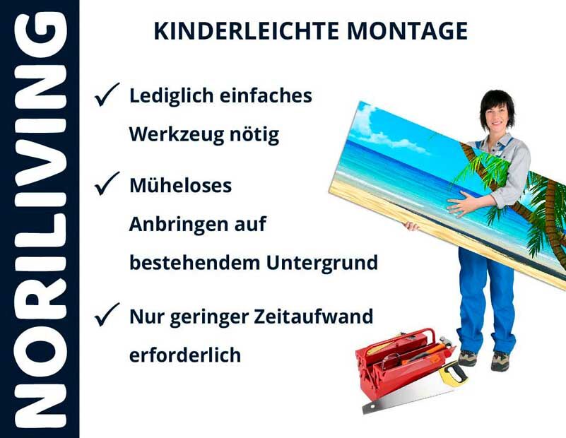 Frau trägt großes Strandbild für einfache Montage mit Werkzeug.