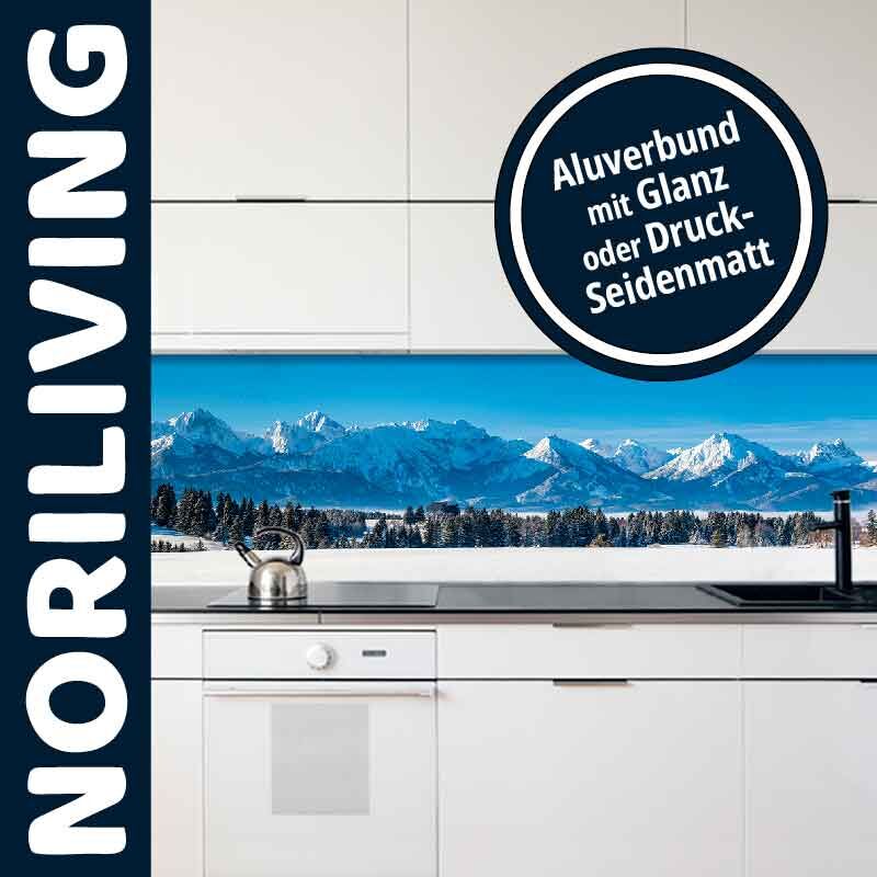 Moderne Küche mit einer Rückwand aus Aluverbund, die ein Bild von schneebedeckten Bergen zeigt