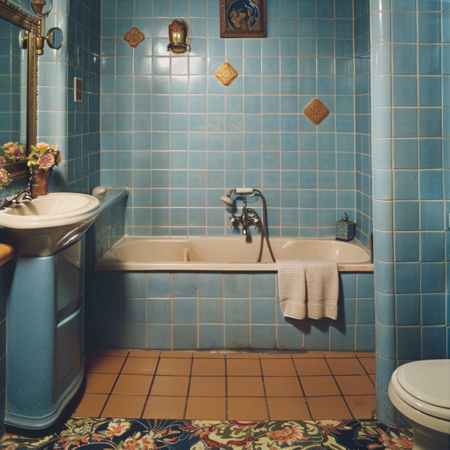 Retro Badezimmer mit blauen Fliesen und Badewanne Retro Badezimmer mit blauen Fliesen, Badewanne, Waschbecken und dekorativem Fliesenmuster an der Wand