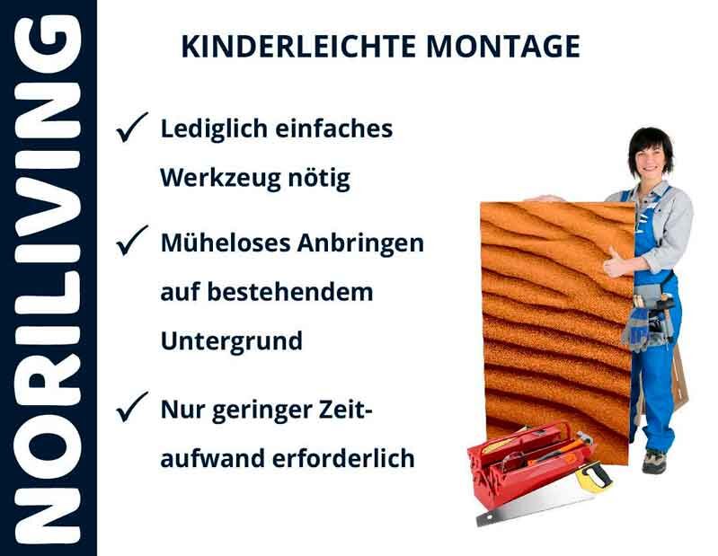 Frau neben Noriliving Wandmodulen mit Werkzeug, einfache Montagehinweise im Bild