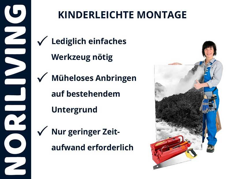 Person präsentiert einfache Montage eines Wandbilds mit wenigen Werkzeugen von Noriliving