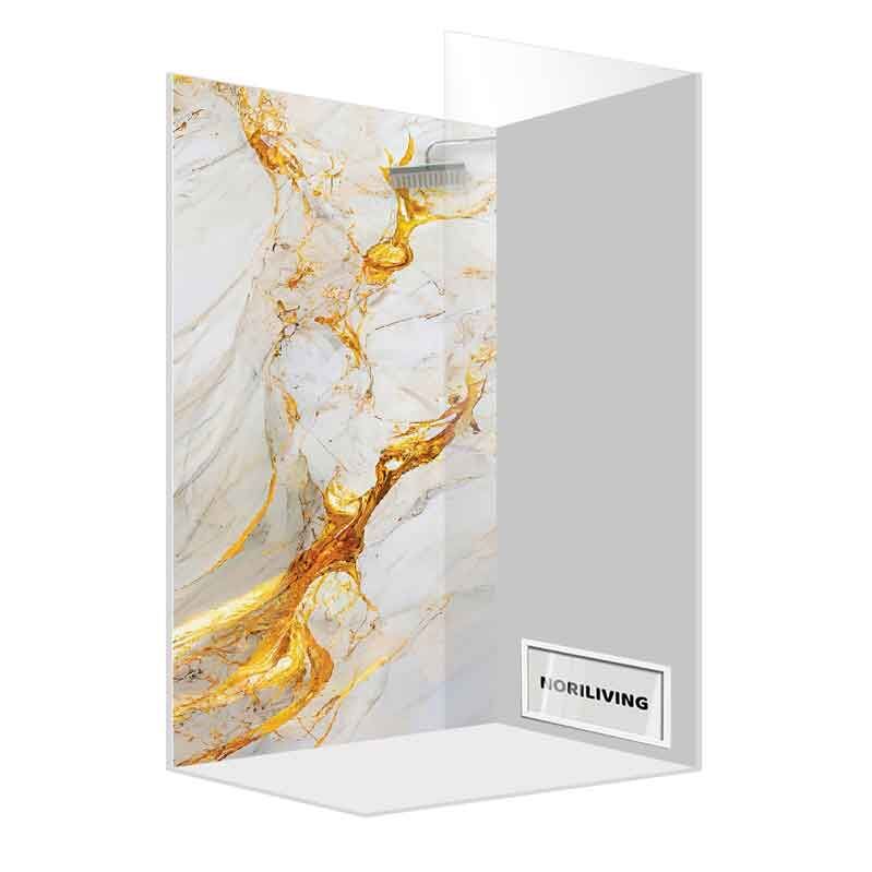 Duschwand mit elegantem Marmordesign in Weiß und Gold von Noriliving