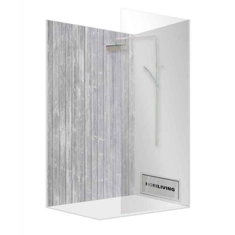 Duschkabine mit Glaswänden und einer Wand im Holzoptik-Design von NORILIVING