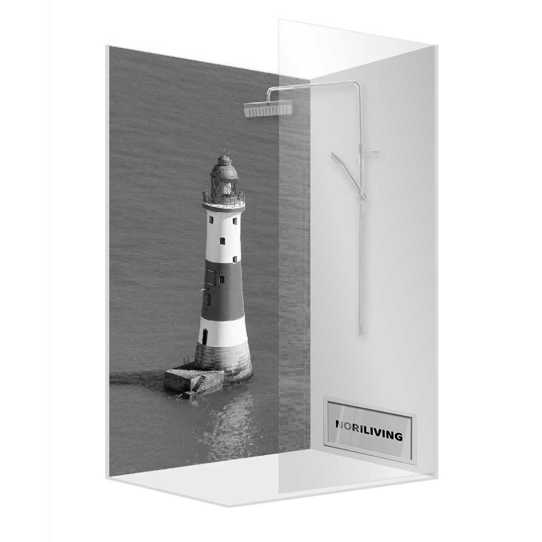 Abbildung einer Einzel-Duschrückwand mit Motiv Beachy Head Leuchtturm East Sussex England 720 schwarz-weiß