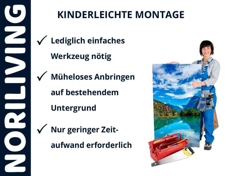 Person präsentiert ein Bild mit einfacher Montageanleitung von Noriliving, inklusive Werkzeugset