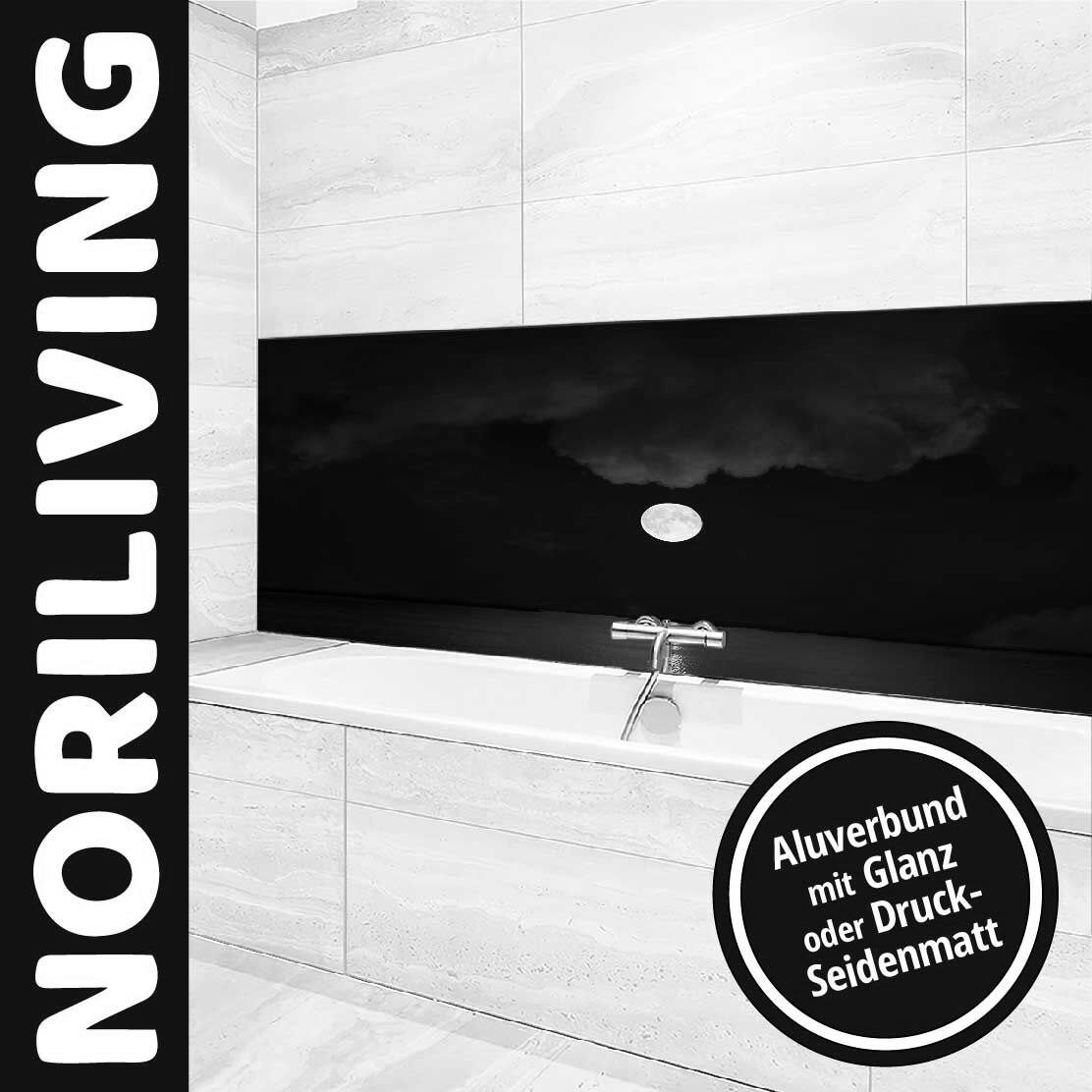 Ansicht des Badrückwand-Motivs Vollmond in Wolken über dem Wasser 755 schwarz-weiß Oberkante