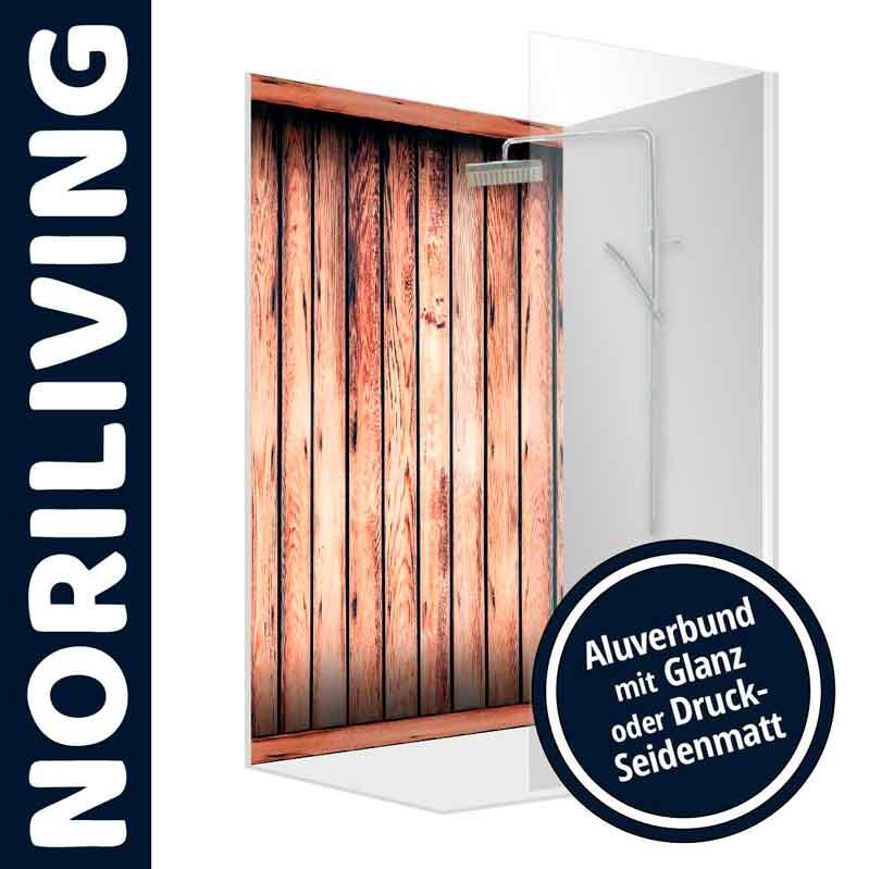 Duschwandpaneel von Noriliving in Holzoptik mit Alubund, erhältlich in Glanz oder Druck-Seidenmatt