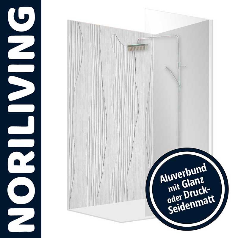 Moderne Duschwand von Noriliving mit elegantem Design in Aluverbund, wahlweise in Glanz oder Seidenmatt erhältlich