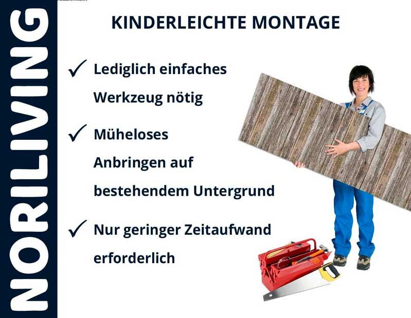 Frau mit Bodenbelag von NORILIVING, einfaches Werkzeug und leichter Einbau