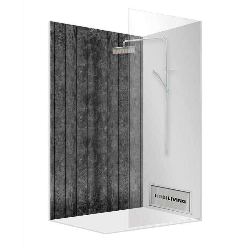 Eckdusche mit stilvoller Holzverkleidung und Glaswand von NORDLIVING