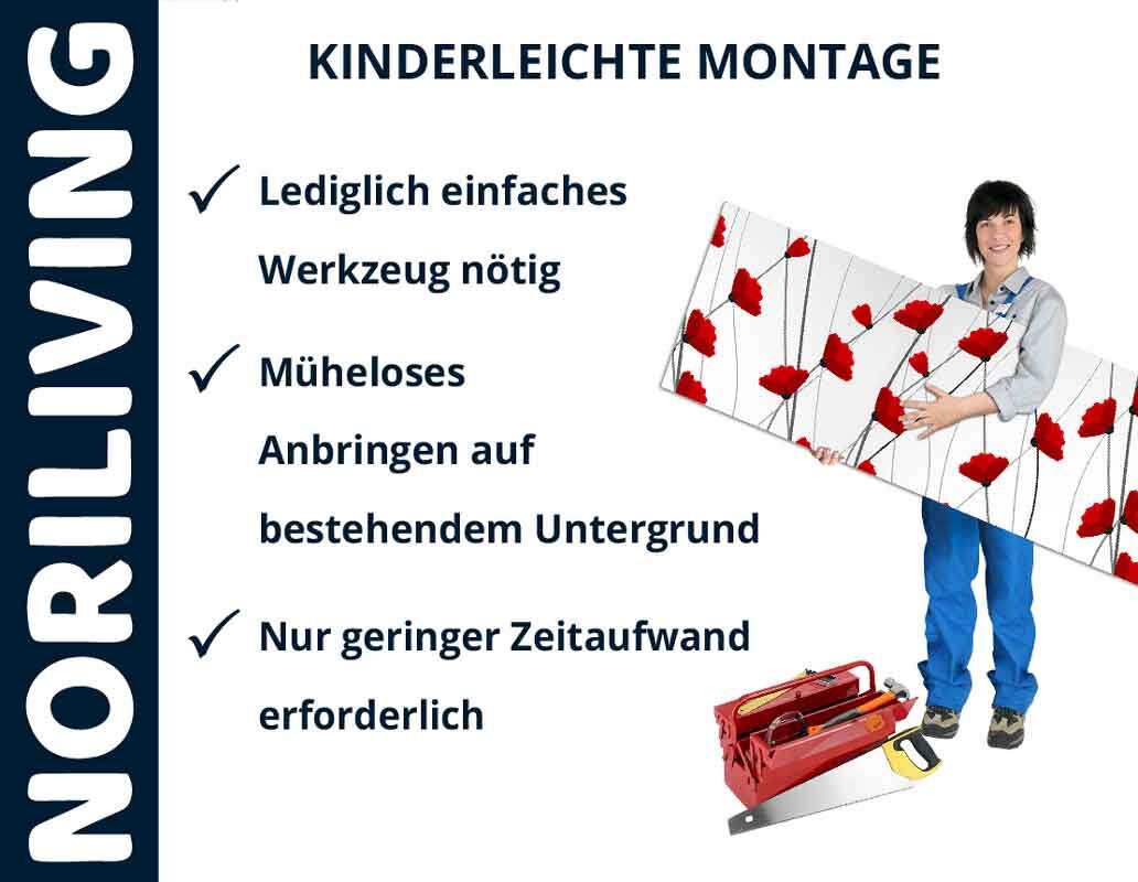Eine Person hält eine Dekorplatte mit roten Blumen, daneben ein Text mit Montagehinweisen von NORILIVING.