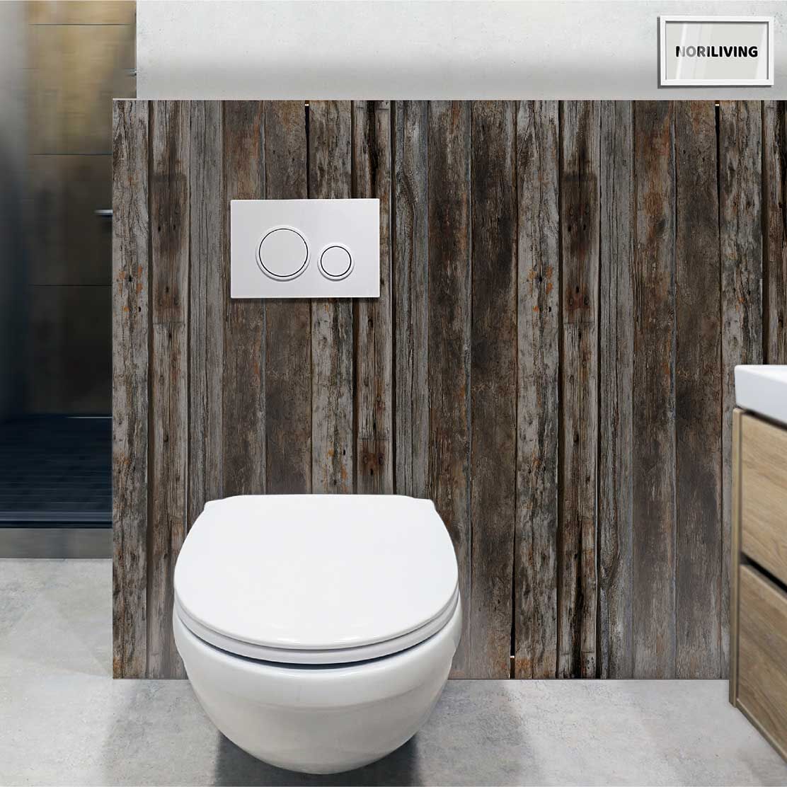 im WC eingebaute Toilettenrückwand mit Motiv Alte Holzbohlen 532