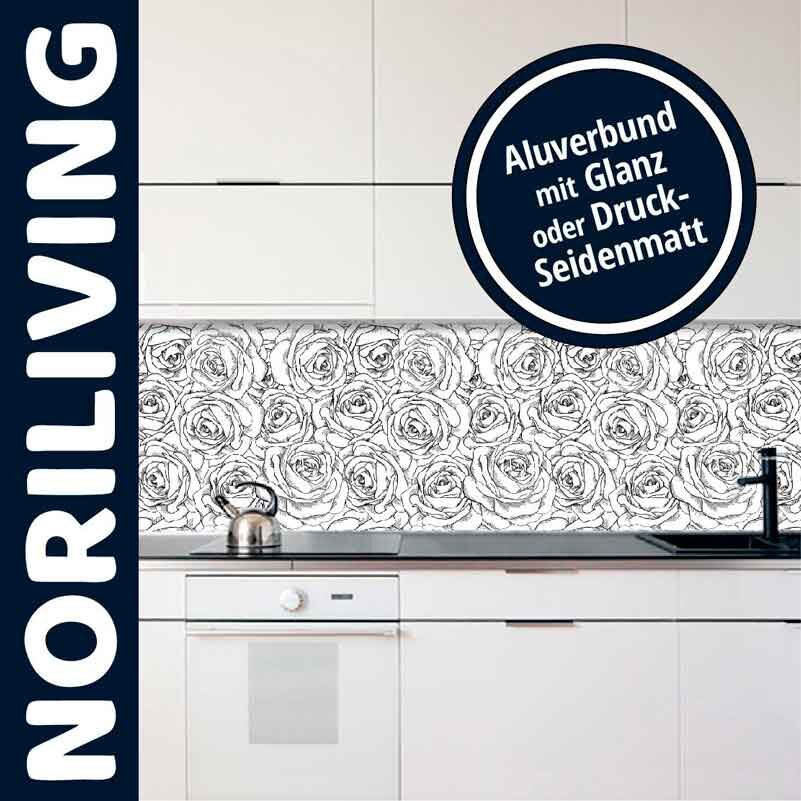Moderne Küche mit Norliving Rückwand, verziert mit stilisiertem Rosenmuster in Alubund-Glanz oder Druck-Seidenmatt Ausführung