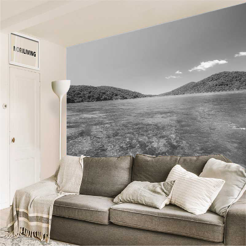 im Wohnzimmer eingebaute Wohnzimmerrückwand mit Motiv Korallenlandschaft im Surin Nationalpark Phuket 300 schwarz-weiß