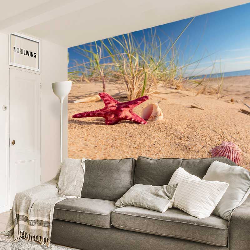 im Wohnzimmer eingebaute Wohnzimmerrückwand mit Motiv Seesterne und Muscheln am Strand 183