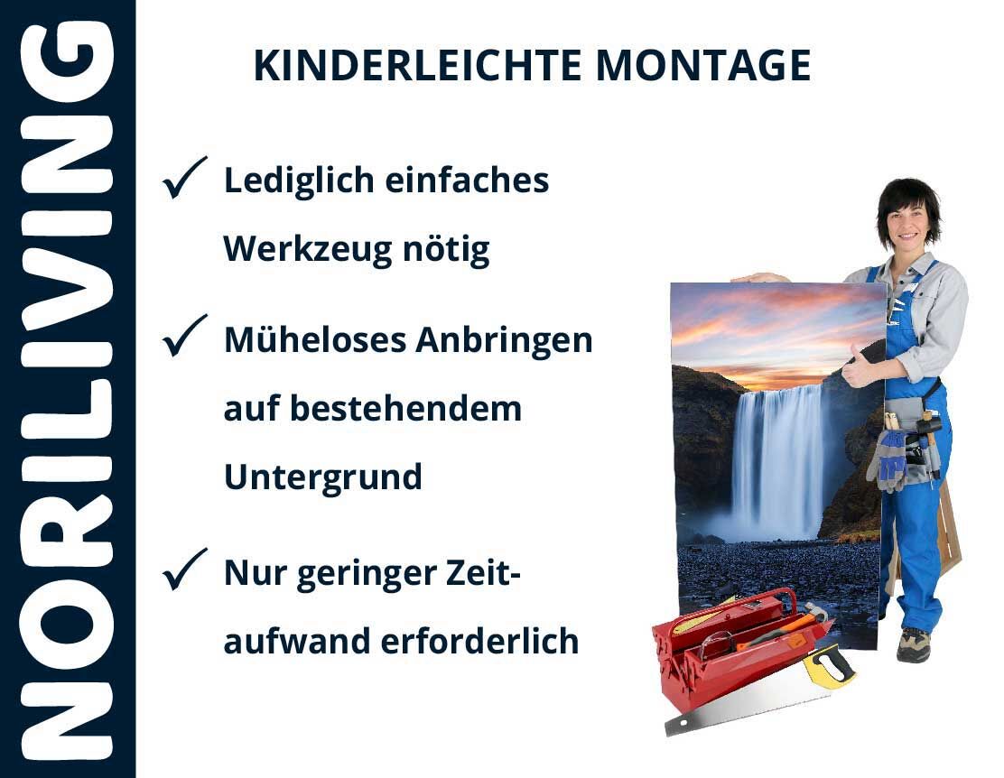 Montageanzeige von NORILIVING mit einer Anleitung zur einfachen Anbringung. Person zeigt dekoratives Bild und Werkzeug.