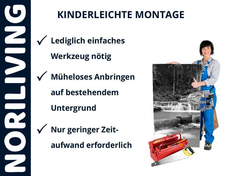 Bild zeigt einen Handwerker, der eine einfache Montage mit NORILIVING Werkzeug an einem Wandbild demonstriert. Der Text beschreibt, dass lediglich einfaches Werkzeug nötig ist, müheloses Anbringen auf bestehendem Untergrund möglich ist und nur geringer Ze