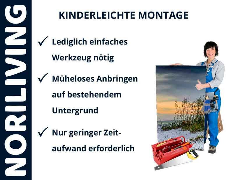 Frau in Arbeitskleidung präsentiert Produkt mit einfacher Montage, inklusive Werkzeug und kurzer Installationszeit