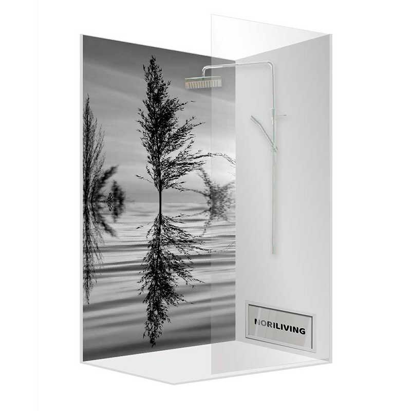 Eck-Duschkabine mit Glaswand und Baumspiegelung in Schwarz-Weiß