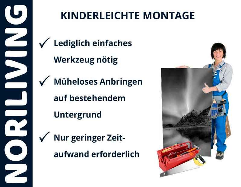 Ein Mann mit Werkzeug und Bild wirbt für die einfache Montage von Noriliving Produkten, inklusive minimalem Werkzeugeinsatz und geringem Zeitaufwand.
