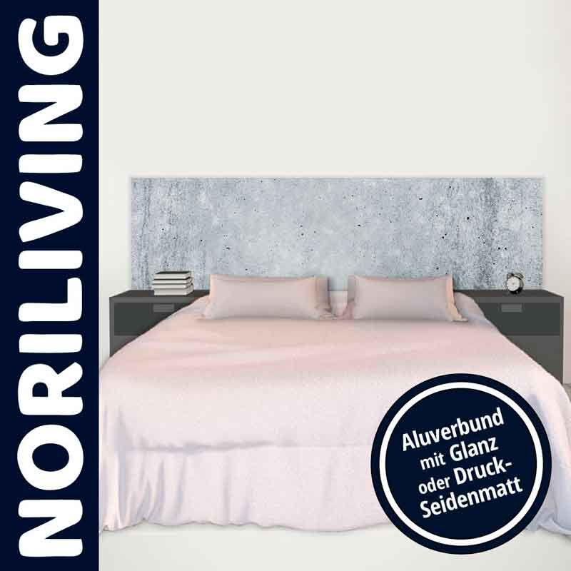 Schlafzimmer mit modernem Bett und Aluverbund-Kopfteil, erhältlich in Glanz oder Druck-Seidenmatt von NORILIVING