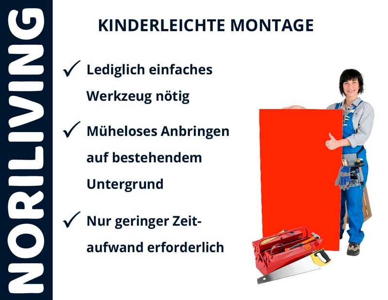 NoriLiving präsentiert einfache und schnelle Montage mit minimalem Werkzeug; Person mit Werkzeugkiste neben rotem Schild.