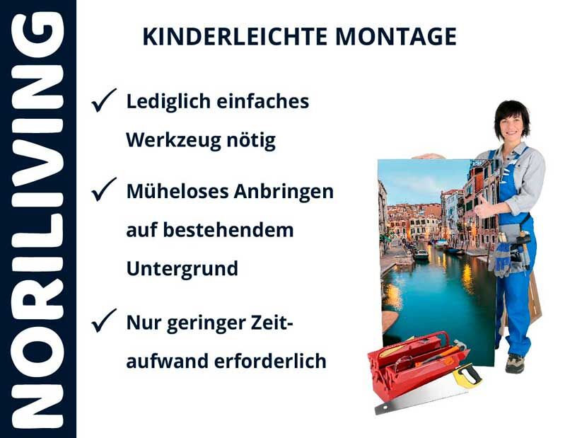 Plakat von Norliving mit Text über einfache Montage, geforderte Werkzeuge und geringen Zeitaufwand, neben einer Person mit Poster.