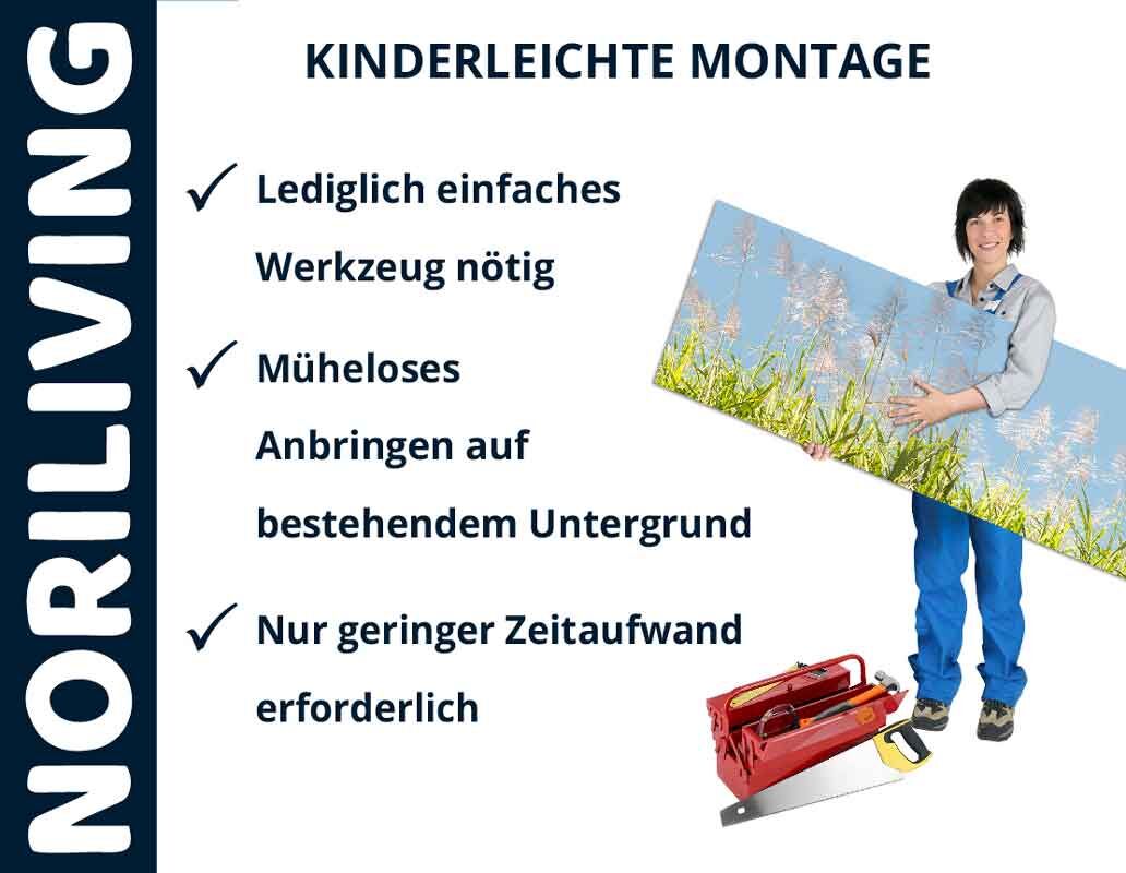 Person hält ein Panel mit Blumenmotiv, daneben Text über einfache Montage mit Noriliving, inklusive Checkliste mit Vorteilen.