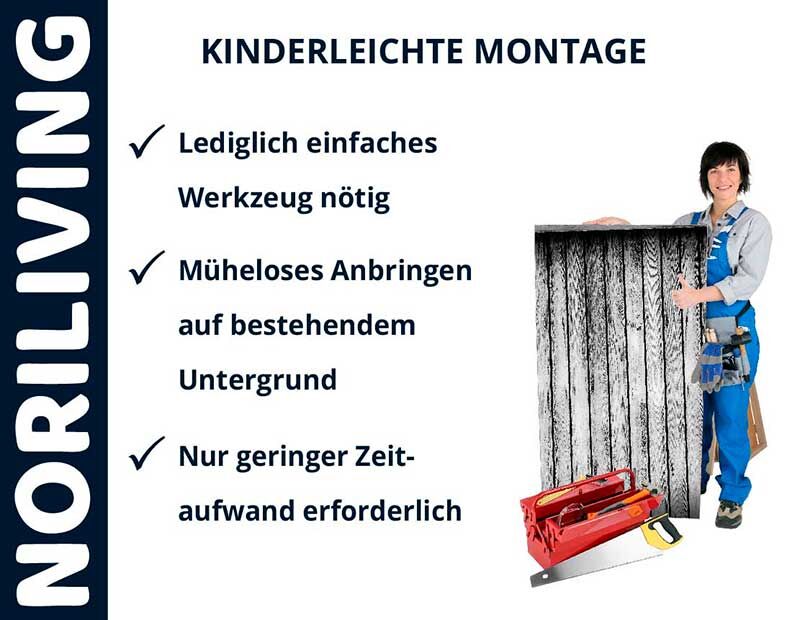 Plakat mit Montageanleitung von Noriliving. Person mit Werkzeuggürtel und Werkzeugkasten steht neben einer Holzplatte. Text beschreibt einfache Montage mit wenig Aufwand.