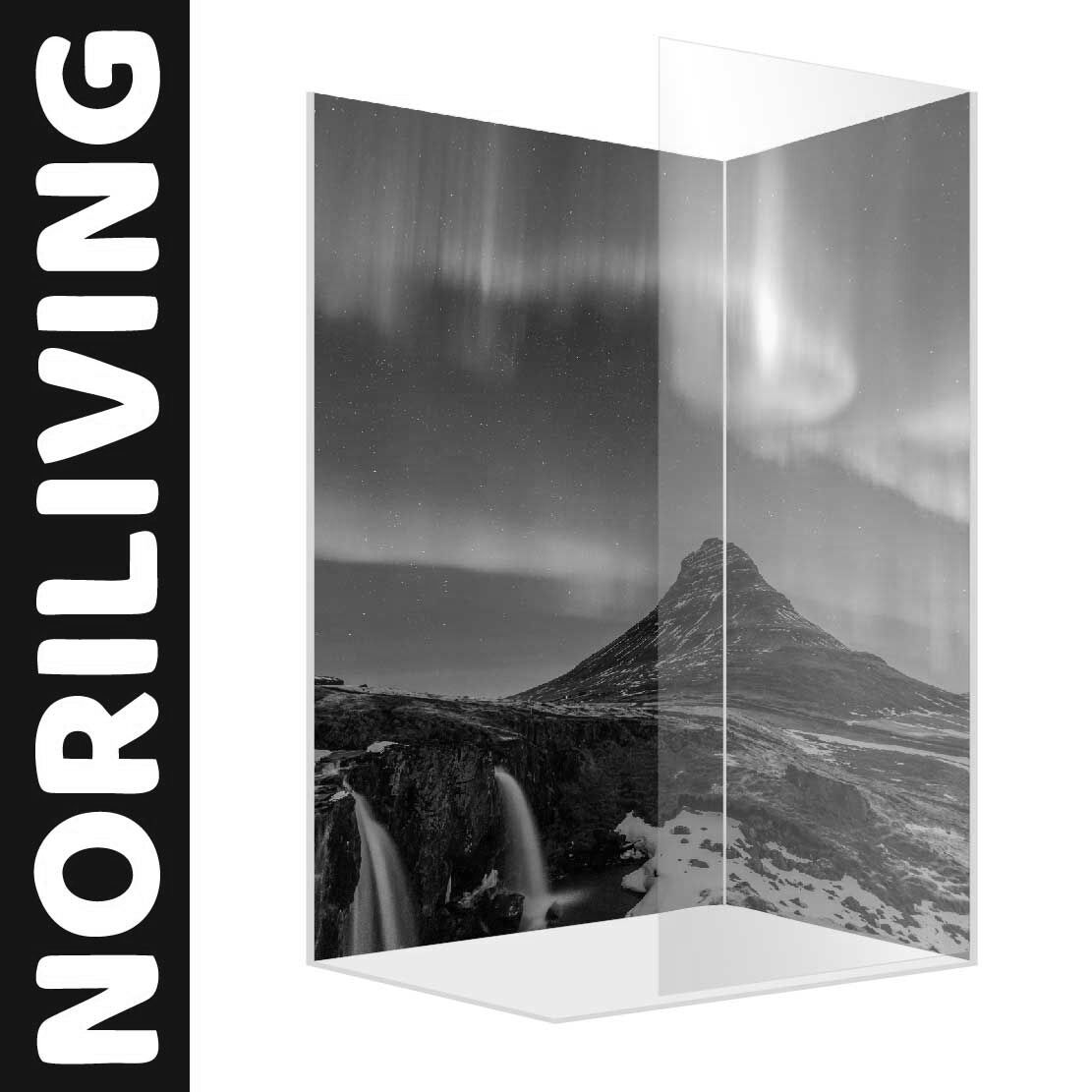 Abbildung einer Eck-Duschrückwand mit Motiv Nordlicht Aurora borealis 090 schwarz-weiß