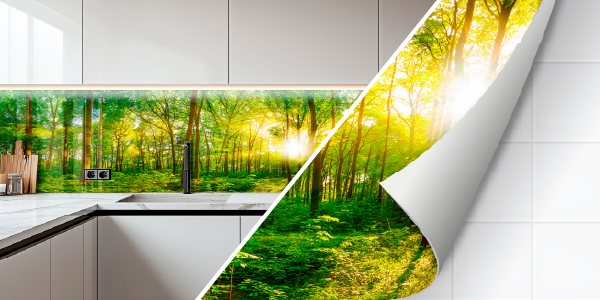 Helle, moderne Küche mit einer Rückwand, die ein lebendiges Waldmotiv mit Sonnenschein zeigt
