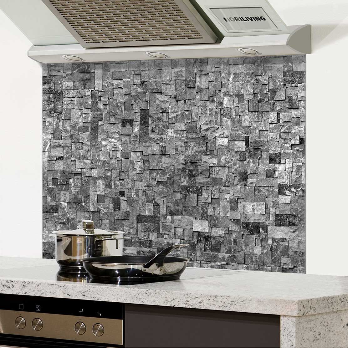 in der Küche eingebauter Spritzschutz Küche - Herd mit Motiv Steinwand Mosaik mittelgrau 209b