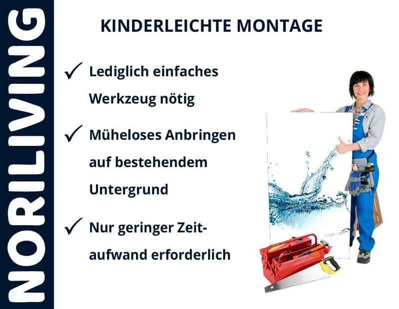 Noriliving Poster mit einfacher Montageanleitung, Frau hält Bild mit Wasserthema und Werkzeugkoffer
