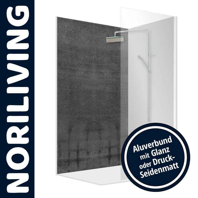 Duschwand von NORILIVING mit Aluverbundmaterial in Glanz oder Druck-Seidenmatt-Optionen