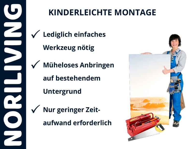Montageanleitung von Noriliving: Einfaches Werkzeug, müheloses Anbringen, geringer Zeitaufwand. Person mit Werkzeug und Bild.