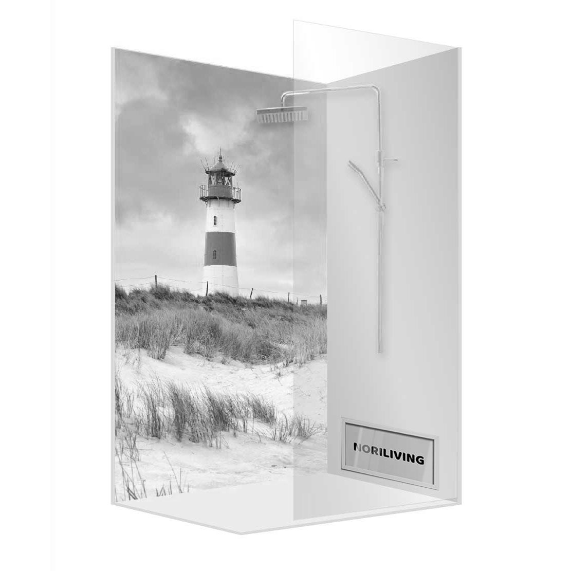 Abbildung einer Einzel-Duschrückwand mit Motiv Leuchtturm am Strand 815 schwarz-weiß