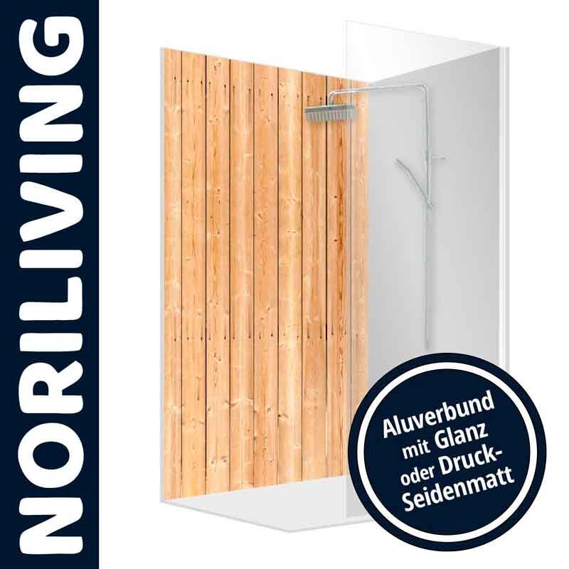 Duschwand von Noriliving in Holzoptik mit Aluabschluss, wahlweise in Glanz oder seidenmatt erhältlich.