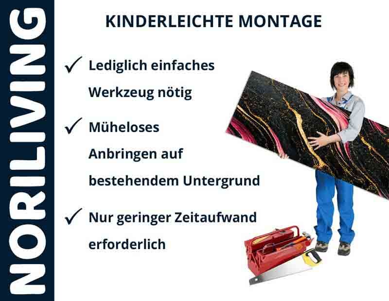 Frau hält Wandpaneel, einfache Montage, benötigtes Werkzeug abgebildet, Noriliving.