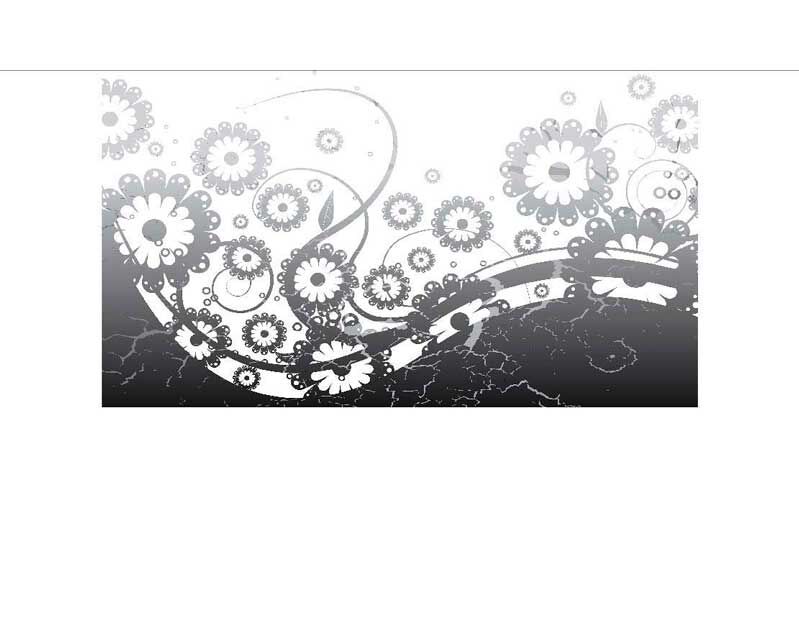 Grafik mit schwarzem und weißem Blumenmuster, verziert mit floralen Ornamenten auf schwarzem Hintergrund