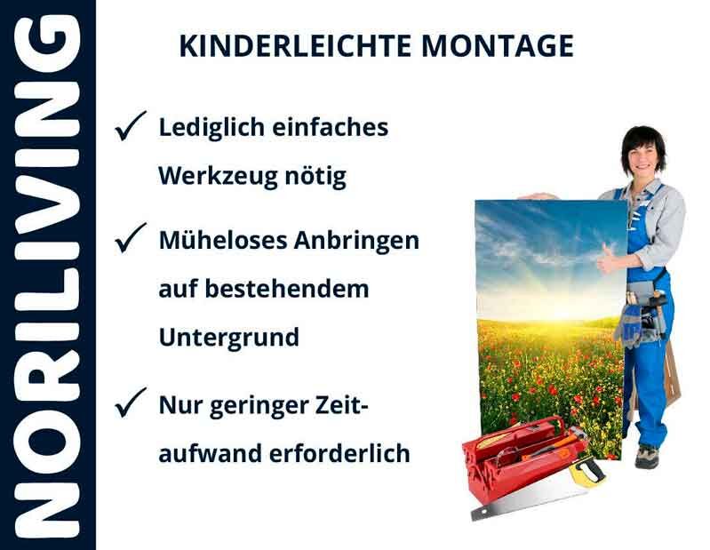 Person zeigt einfach zu montierende Wandgestaltung von NORILIVING mit einfacher Werkzeugtasche.
