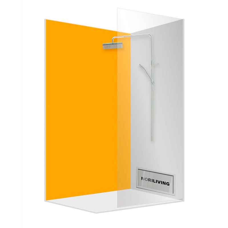 Duschkabine mit orangefarbenem Glas und integrierter Regendusche, Markenlogo NORLIVING sichtbar