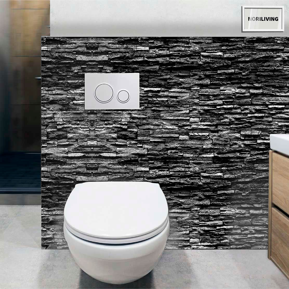 im WC eingebaute Toilettenrückwand mit Motiv Steinverblender Schiefer schwarz 3441b schwarz-weiß