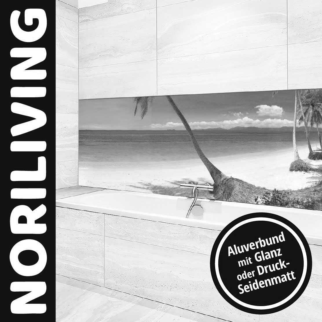 Ansicht des Badrückwand-Motivs schöner Strand und tropisches Meer mit Palmen 415 schwarz-weiß Unterkante
