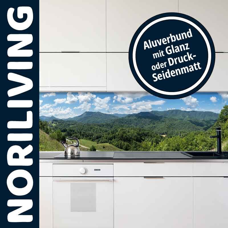 Moderne Küche mit Fotopaneel einer Landschaft auf Aluverbund, verfügbar mit Glanz oder Druck-Seidenmatt