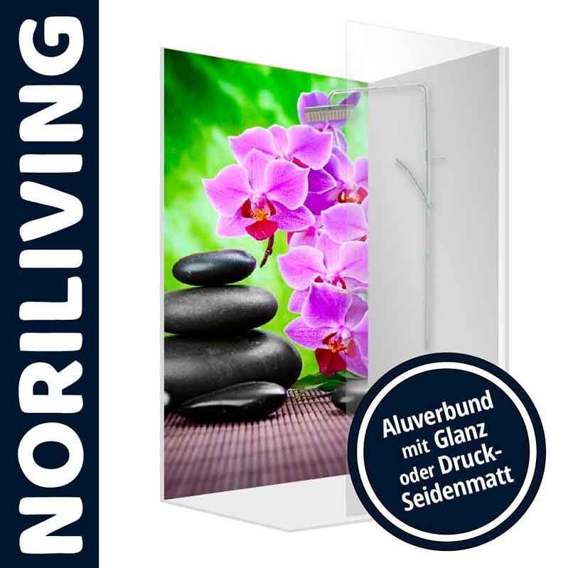 Duschwand von NORILIVING mit violetten Orchideen und dekorativen Steinen, Aluverbund in Glanz oder Druck-Seidenmatt