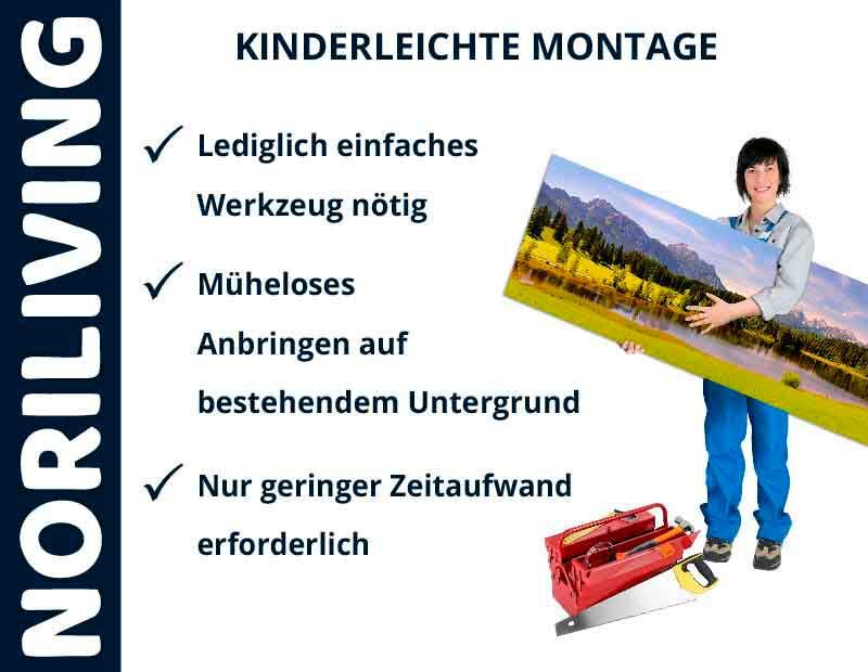 Frau hält ein Bild mit Montagematerial, Text über einfache Montage mit wenig Zeit und Werkzeug, Marke Noriliving