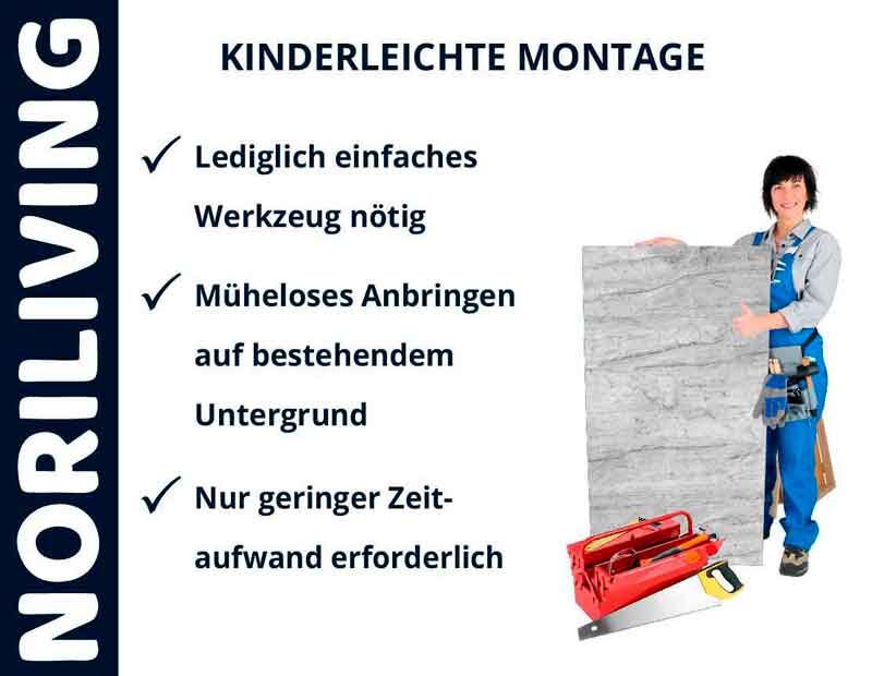 Frau zeigt leichte Montage eines großen Paneels mit wenigen Werkzeugen. Noriliving - einfache Installation ohne großen Zeitaufwand.